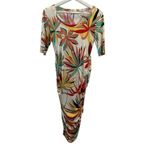 My Bump Maternity Dress Medium White Yellow Red Floral 1/2 sleeve Shirred